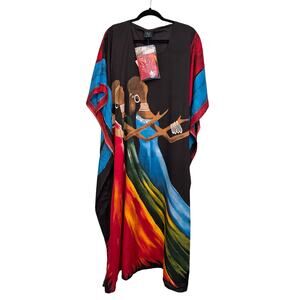 NF Kaftan Maxi Dress Women OS Black Graphic Beachwear Cover Up Swimwear Boho NWT